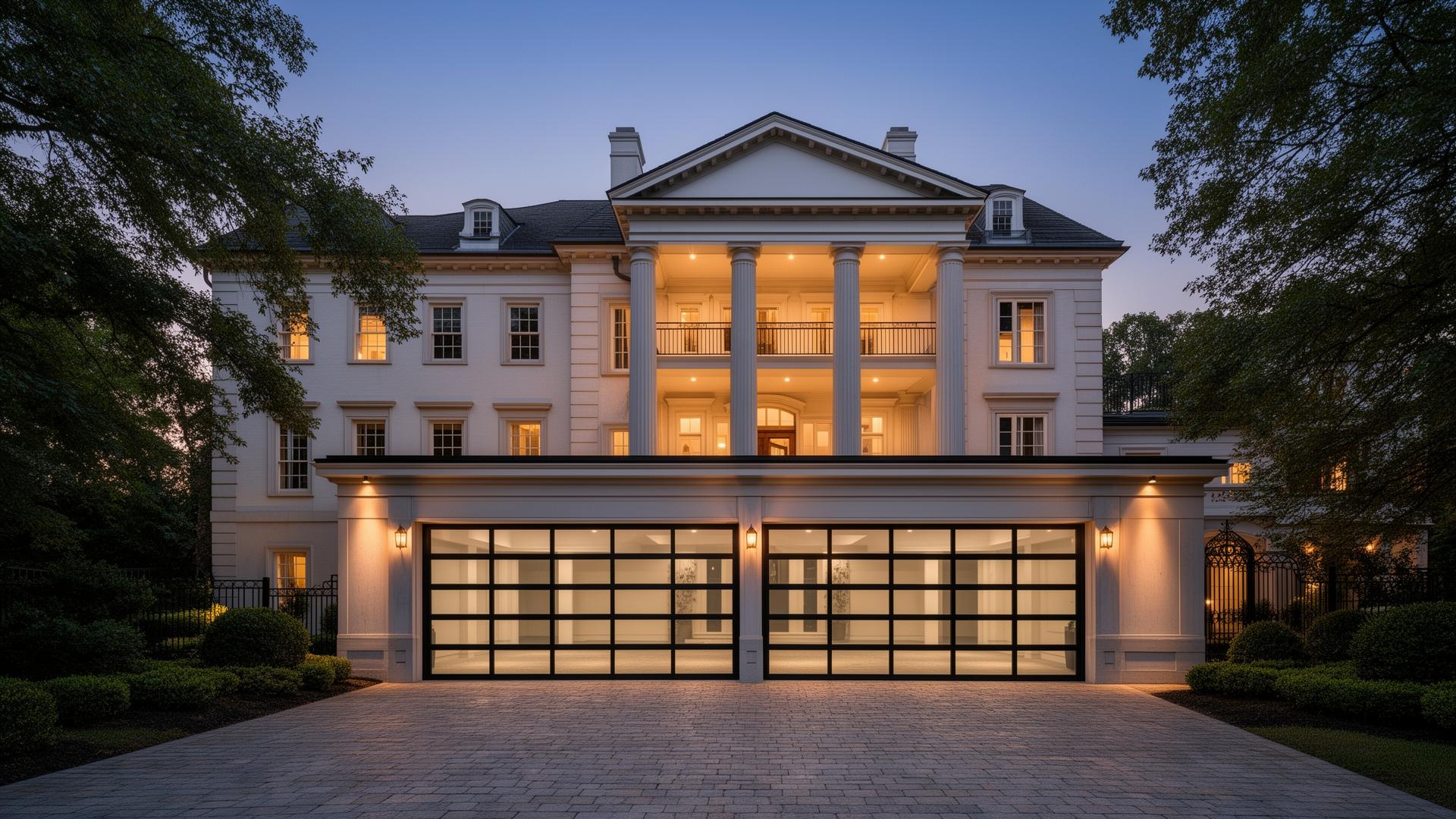 Georgian mansion with ultra-modern glass and black aluminum garage doors at dusk - Garage Door Randle professional installation