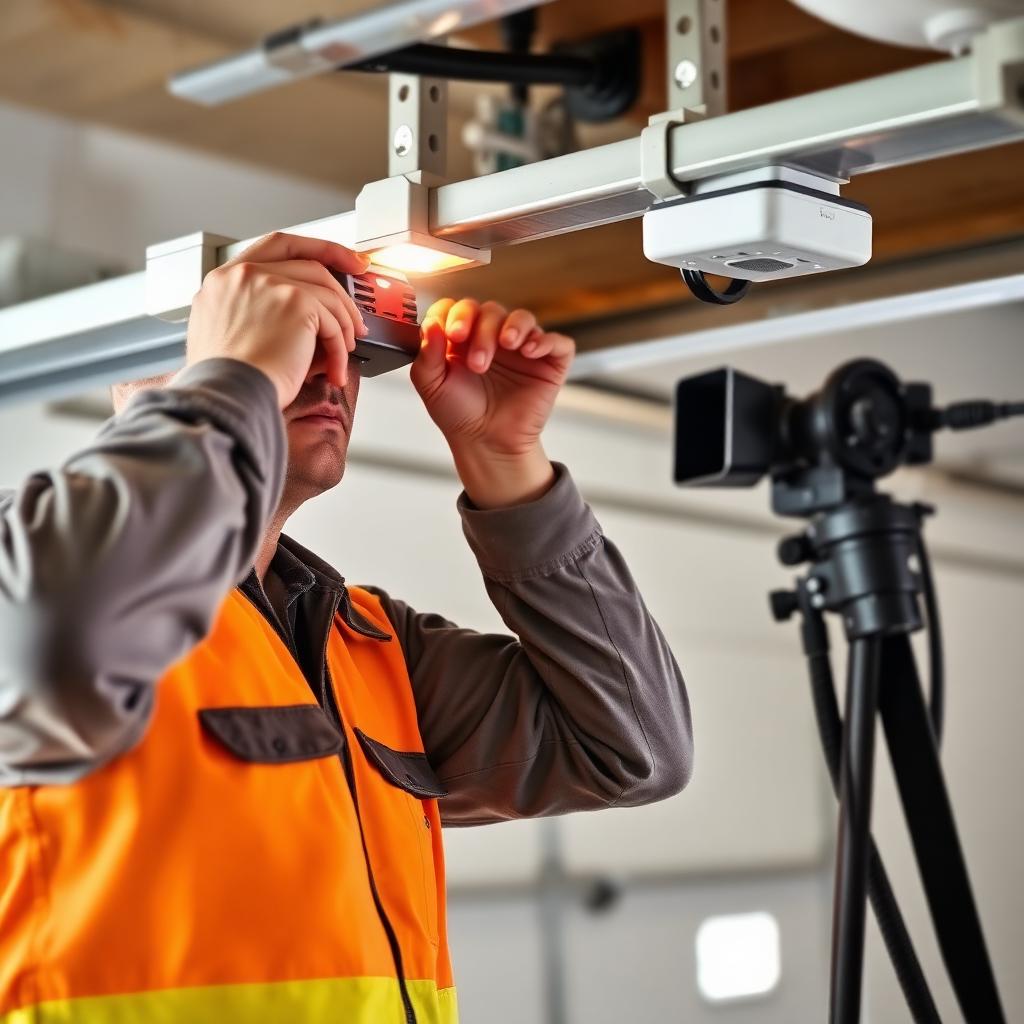 Garage Door Randle technician diagnosing garage door sensor alignment - professional and trustworthy service
